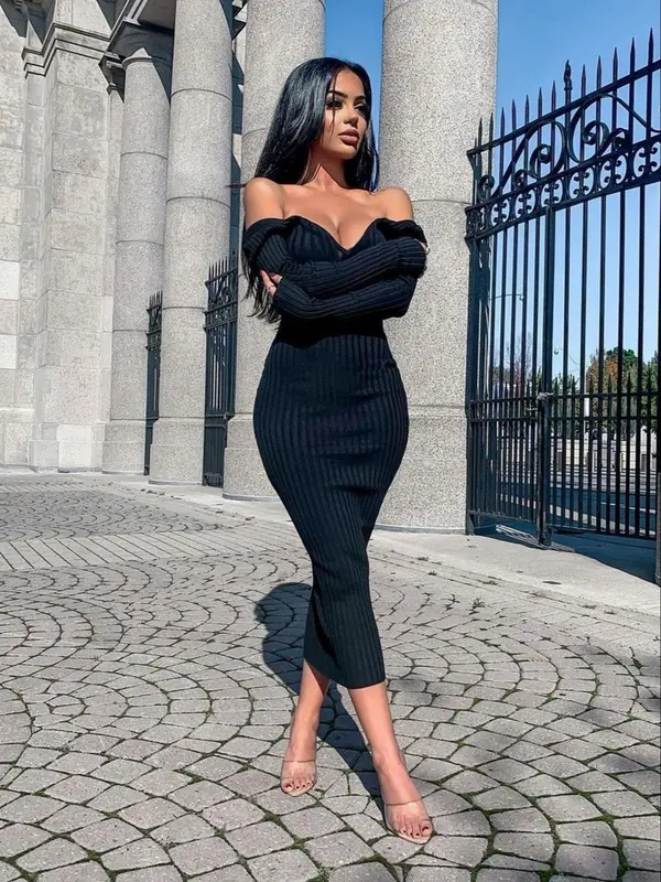 Lisliy Black Off-the-shoulder Mermaid Prom Dress with Ankle Length
