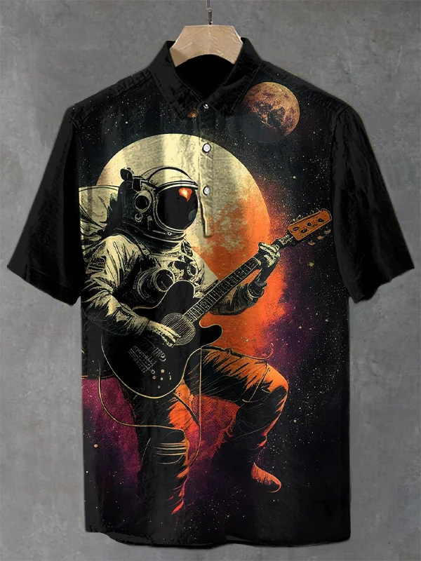 Men's Astronaut Electric Guitarist Print Casual Shirt
