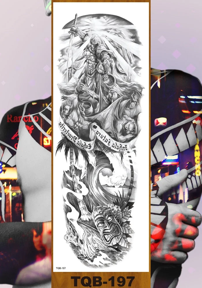 Full Flower Arm Temporary Tattoo Sticker Man Woman Body Leg Fake Tatoo Skull Night Demon Grim Reaper Good and Evil Waterproof