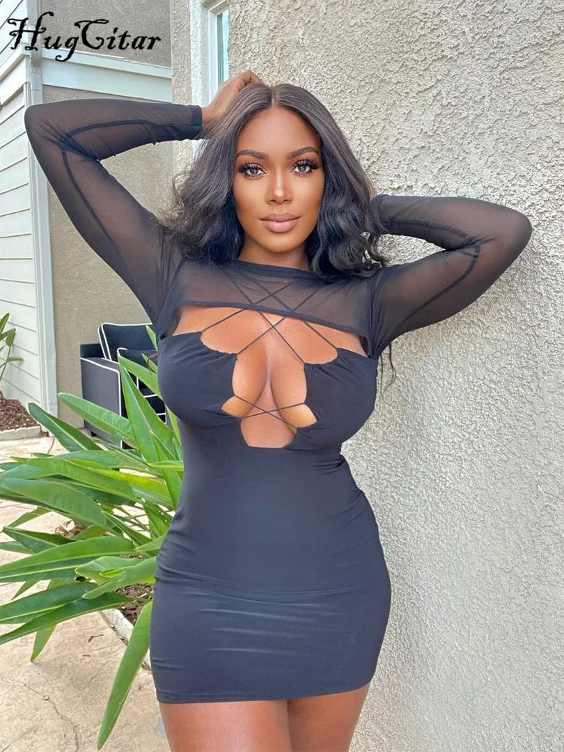 Hugcitar Solid Halter Bandage Dress With See Through Shoulder Top 2 Pieces Sets 2021 Summer Fall Elegant Streetwear Outfit Y2K