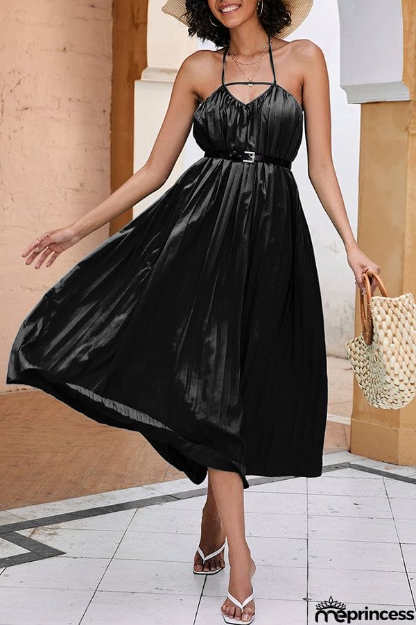 Solid Color Pleated Waist Halter Neck Dress