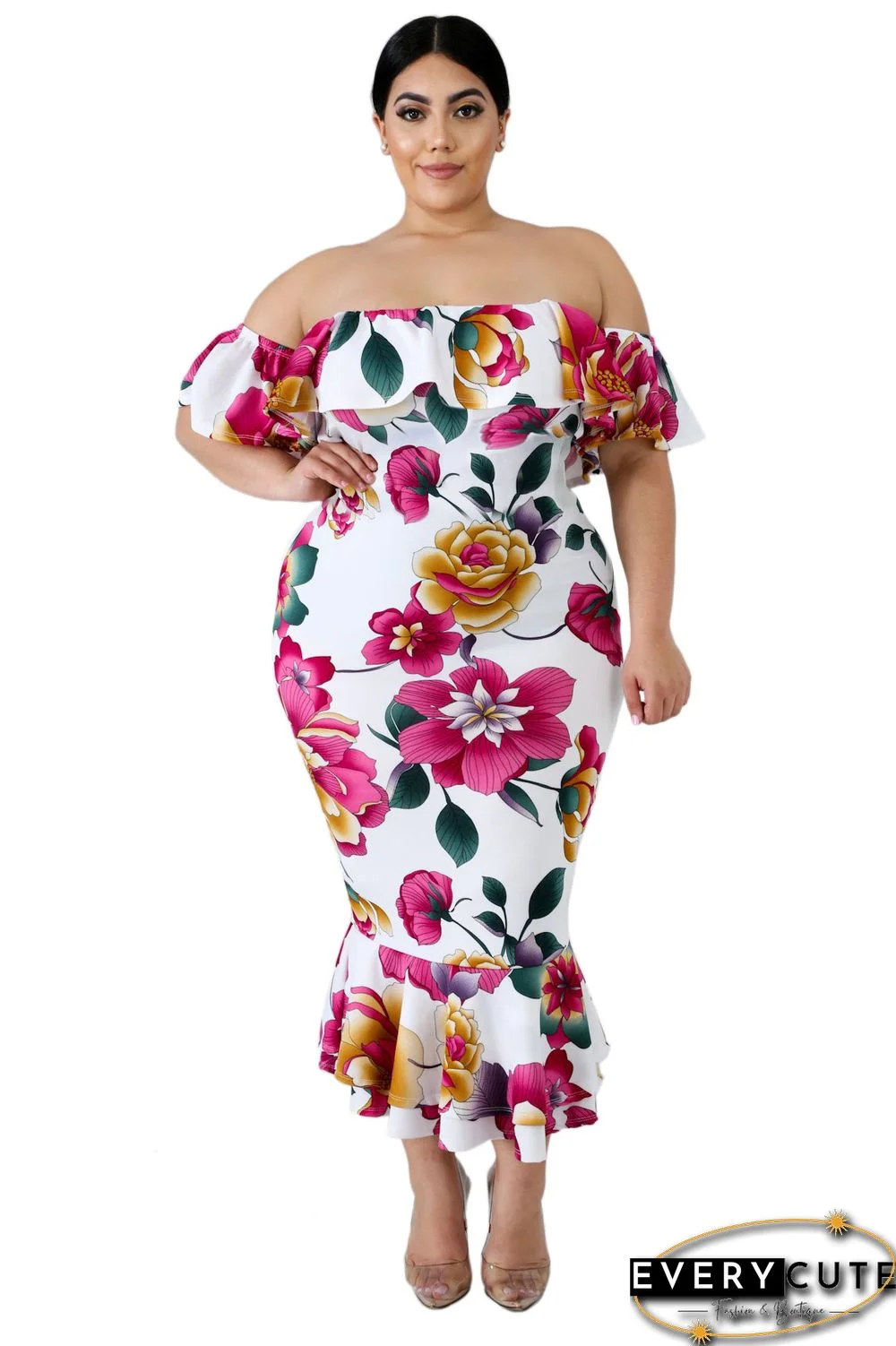 White Off-the-shoulder Floral Mermaid Plus Size Dress