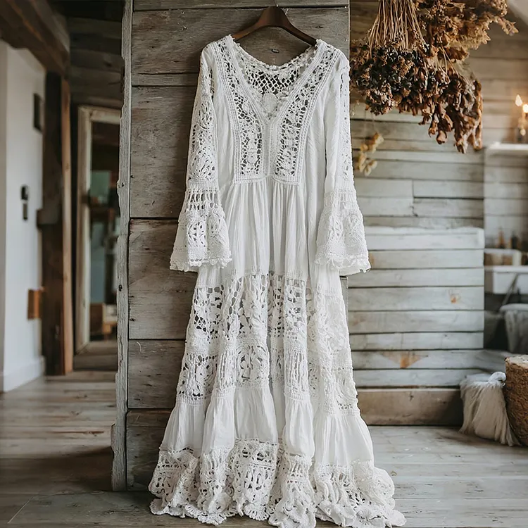 Women's Lace Floral Pattern V-neck Long Sleeve Midi Dress