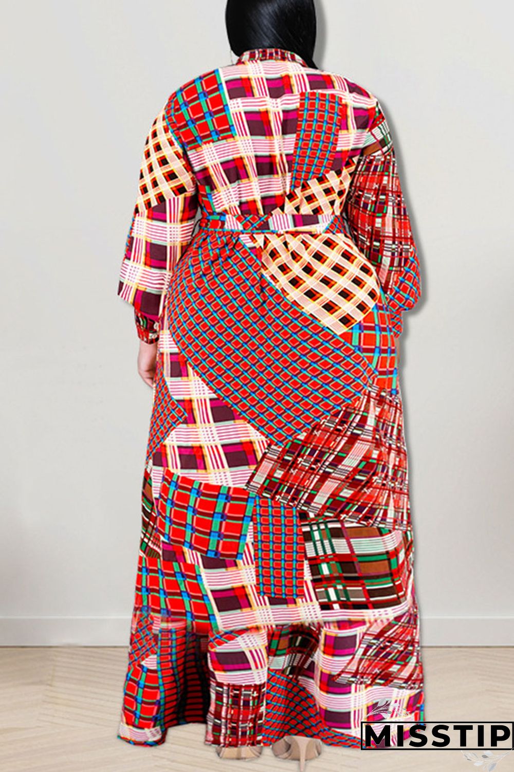 Gold Fashion Casual Print Patchwork Buckle With Bow Shirt Dress Plus Size Dresses