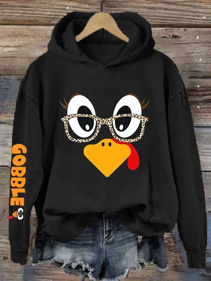 Women's Cute Turkey Fall Thanksgiving Printed Hooded Sweatshirt 