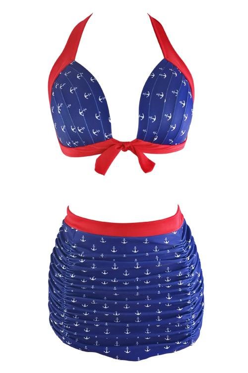 Blue Red Print Two Tone Padded Halter High Waisted Ruched Retro Bikini Swimsuit - Shop Trendy Women's Clothing | LoverChic