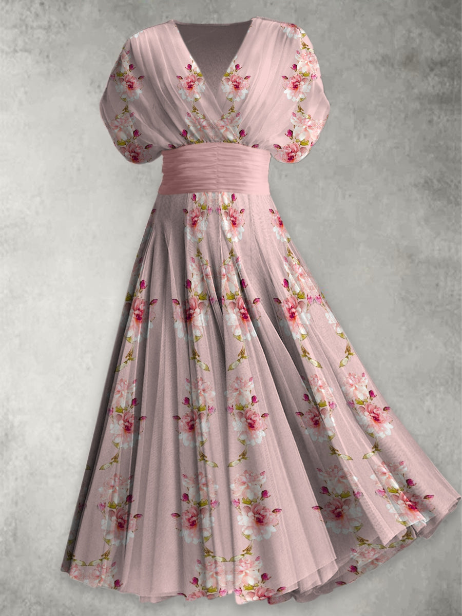 Retro Floral Print Elegant V-Neck Chic Short Sleeve Maxi Dress