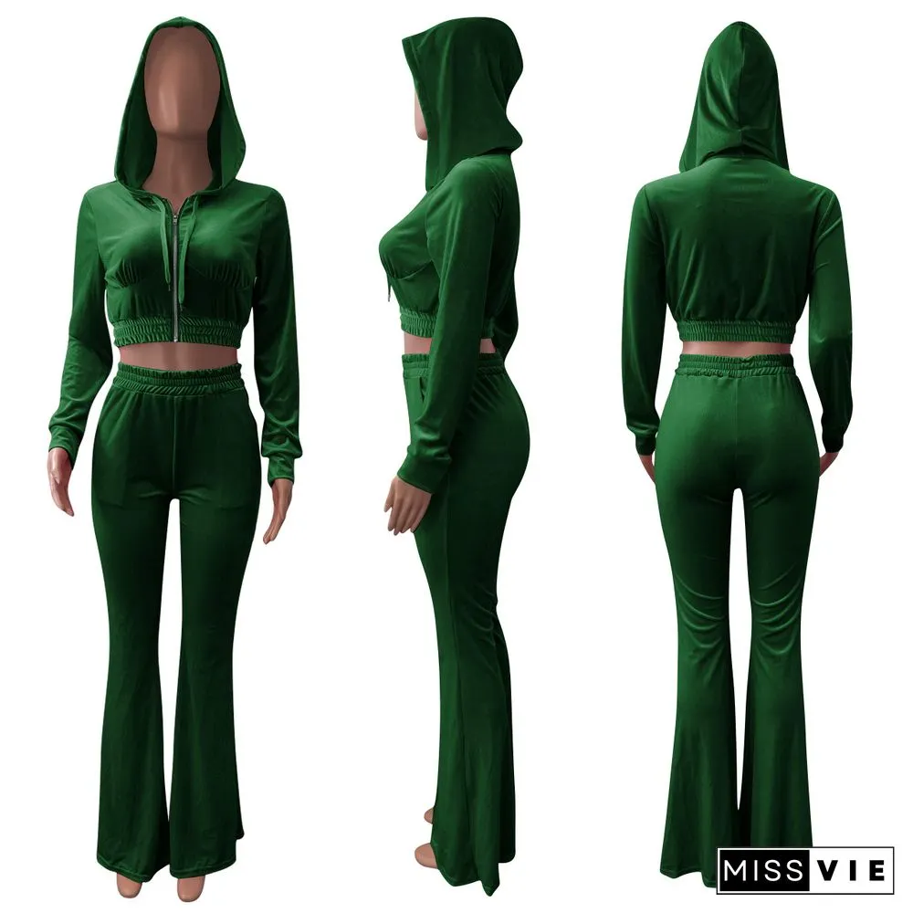 Velvet Solid Zipper Hooded Crop Tops Flare Pants Set