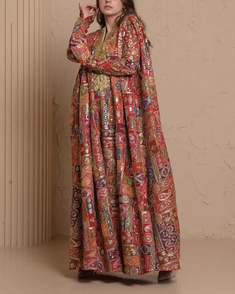 Women's V-Neck Sequin Print Kaftan Dress