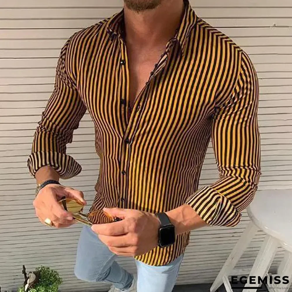 Striped Long Sleeve Button Down Lapel Men's Casual Shirts | EGEMISS