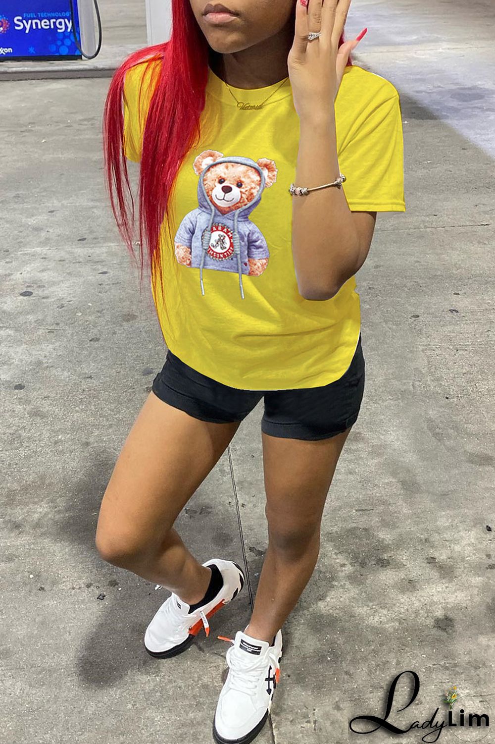 Yellow Fashion Casual Cartoon Print Basic O Neck T-Shirts