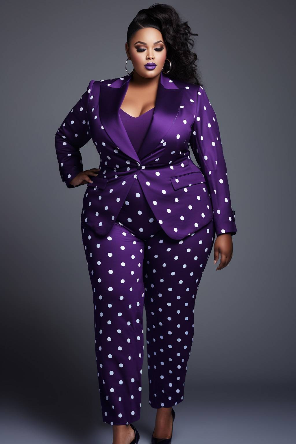 Design Plus Size Wedding Guest Pant Set Elegant Purple Polka Dot Spring Summer Turndown Collar Long Sleeve Satin Blazer Suit Two Piece Pant Set [Pre-Order]
