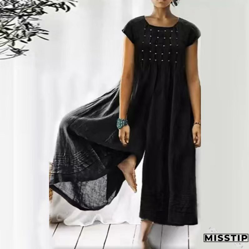 Fashion Vintage Crinkled Cotton Linen Elegant Wide Leg Loose Jumpsuit