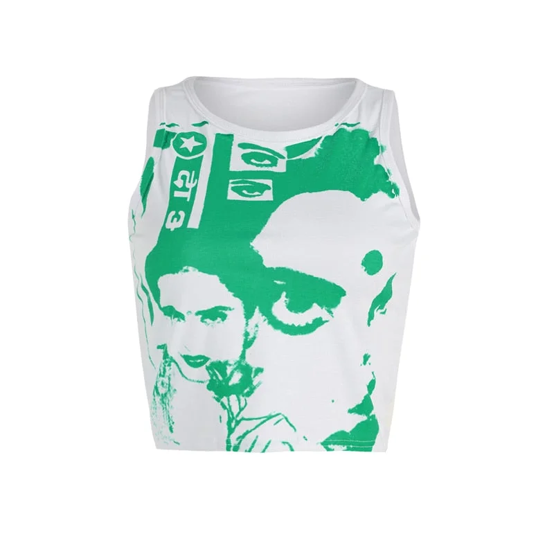 Xingqing Gothic Portrait Print T-shirt Aesthetic Short Sleevle Sweats Tees Harajuku Streetwear White Crop Top Women Clothes