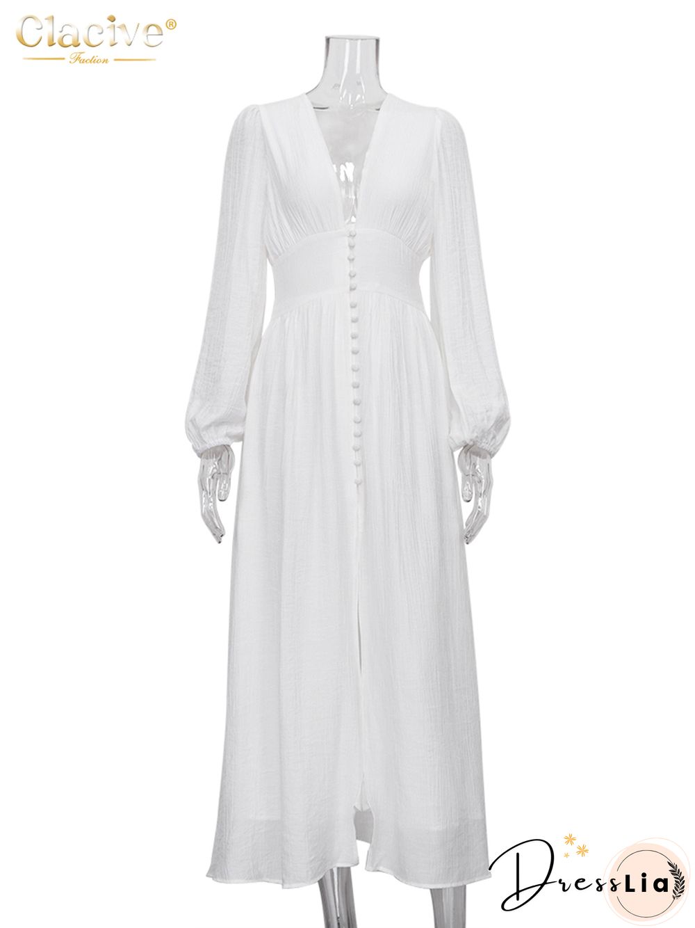 Clacive White Sexy Single-Breasted Women'S Dress Elegant Short Sleeve V-Neck Party Dresses Lady Casual Slim Midi Dress