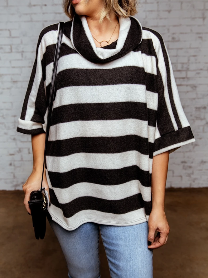 Casual Striped Cotton-Blend Cowl Neck Shirts & Tops