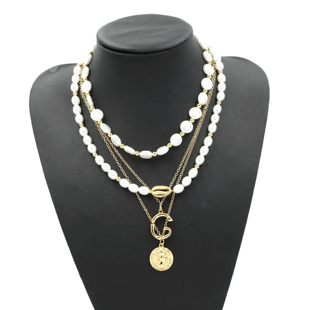 Dvacaman Retro Simple Pearl Letter Pendant Initial Necklace for Women Boho Statement Multi Layered Chunky Chain Necklace Jewelry