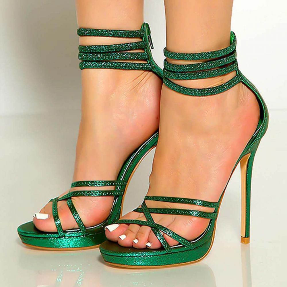 Green Open Toe Criss-Cross Strappy Stiletto Heels with Platform Nicepairs