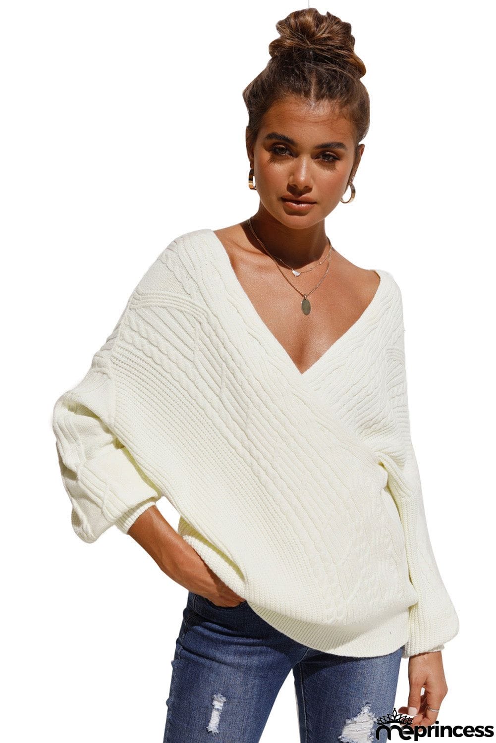 Beige Wrap V Neck Lantern Sleeve Textured Sweater