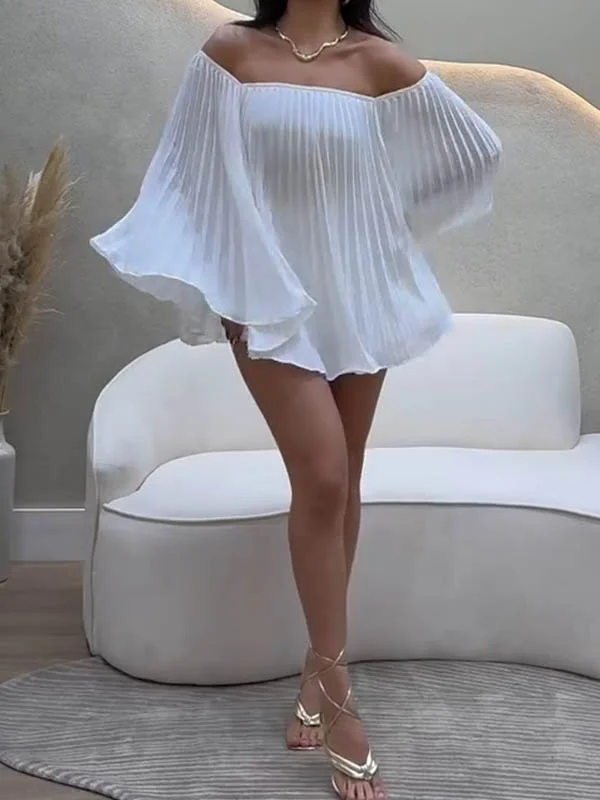 Batwing Sleeves Loose Pleated Solid Color Off-The-Shoulder Shirt Top + Shorts Bottom Two Pieces Set