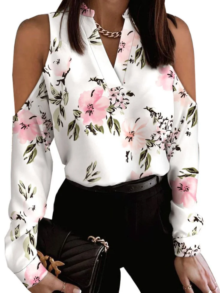 Original Creation Long Sleeves Loose Floral Printed Hollow V-Neck Blouses&Shirts Tops