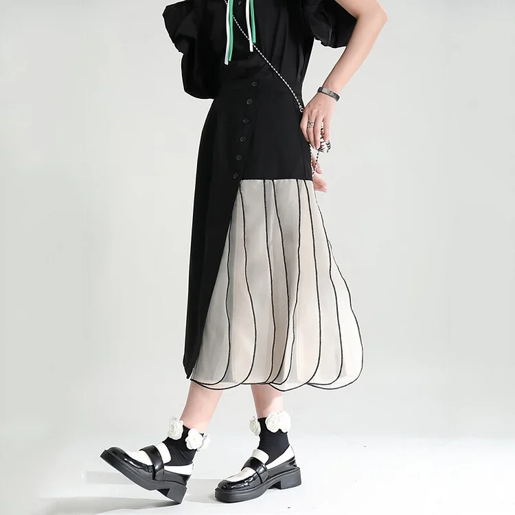 Stylish Contrast Color Asymmetrical Patchwork Three-dimensional Mesh Pleated Skirt   