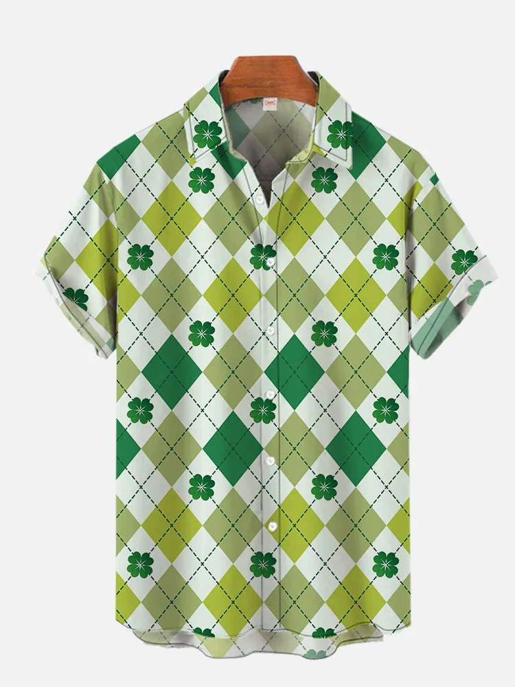 St. Patrick'S Day Green Diamond Lattice And Clover Printing Printing Men's Short Sleeve Shirt