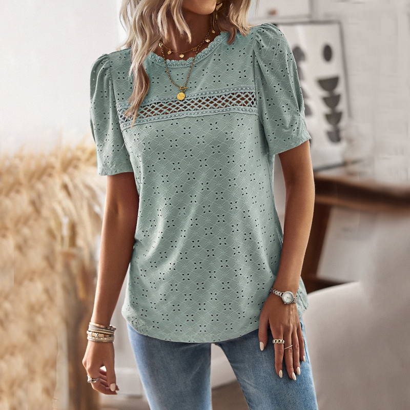 Women's Fashion Casual Loose Hollow Out Round Neck Blouses & Shirts Top