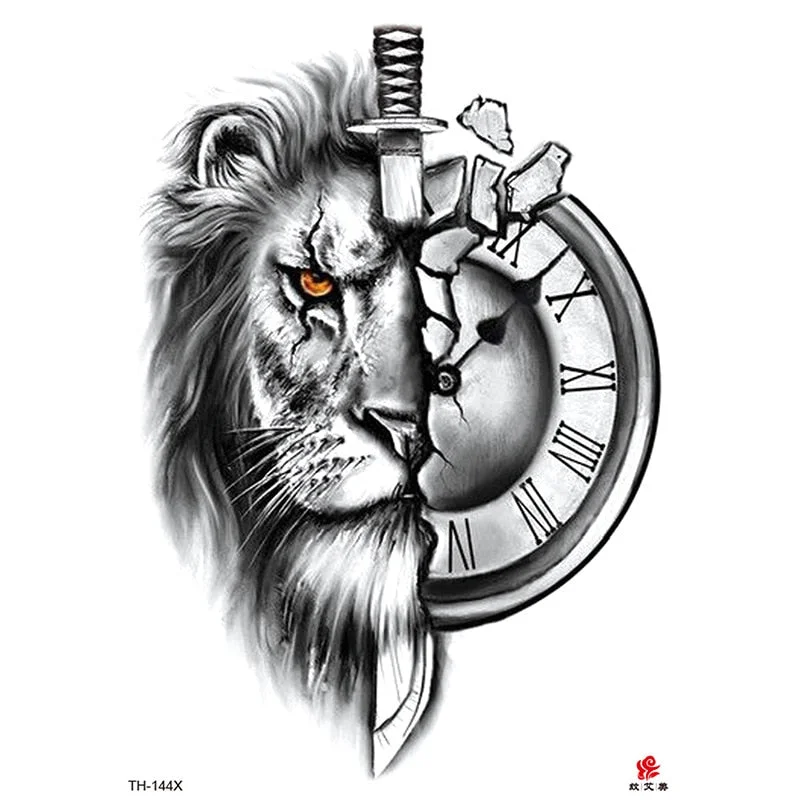 Waterproof Temporary Tattoo Sticker Lion King Clock Tiger Pattern Fake Tatto Black Body Art for Women Men Tattoo Sticker