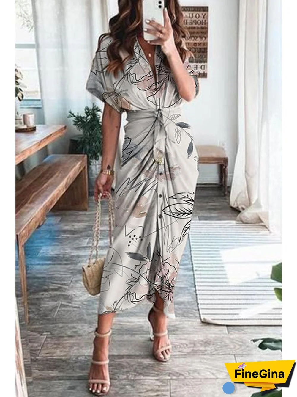 Print Satin Pleated Classy Bandage Shirt Dress