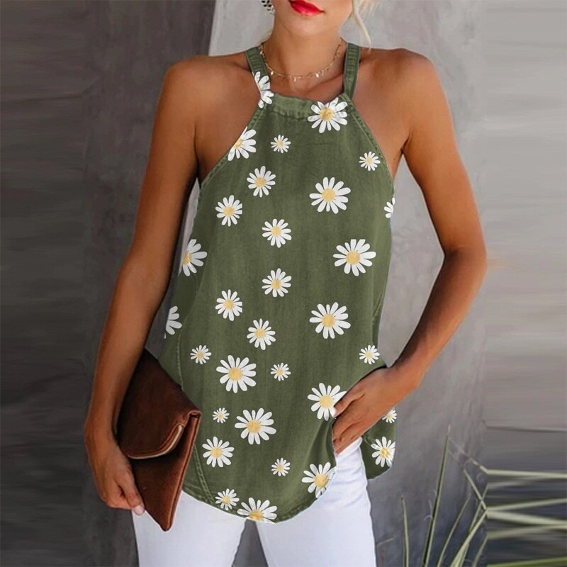 New Women Daisy Print Elegant Halter Tops Summer Sleeveless Blouse Linen Blouses Shirt Women Plus Size Sexy Streetwear Tops