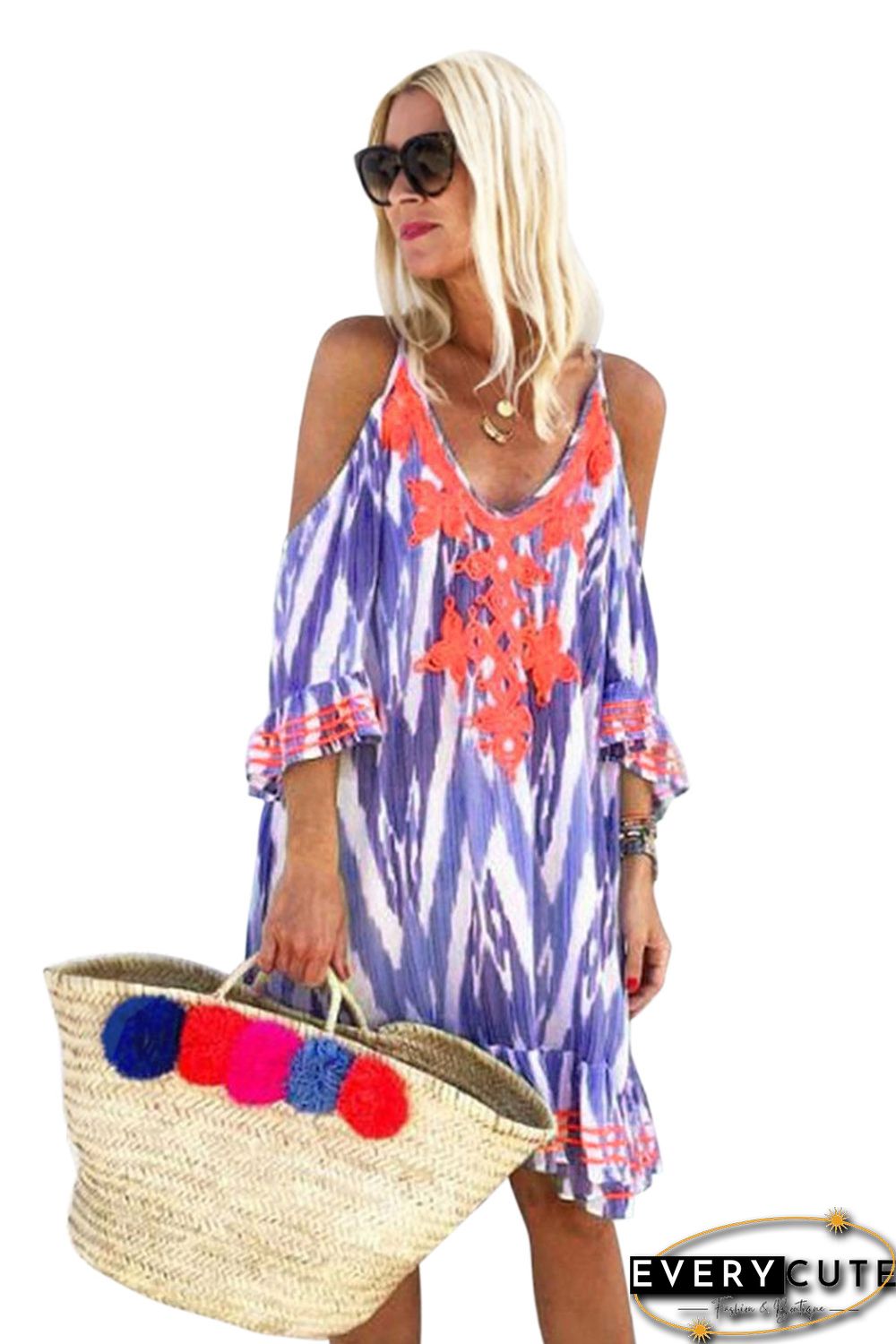 Purple Boho Floral Printed V Neck Vacation Dress
