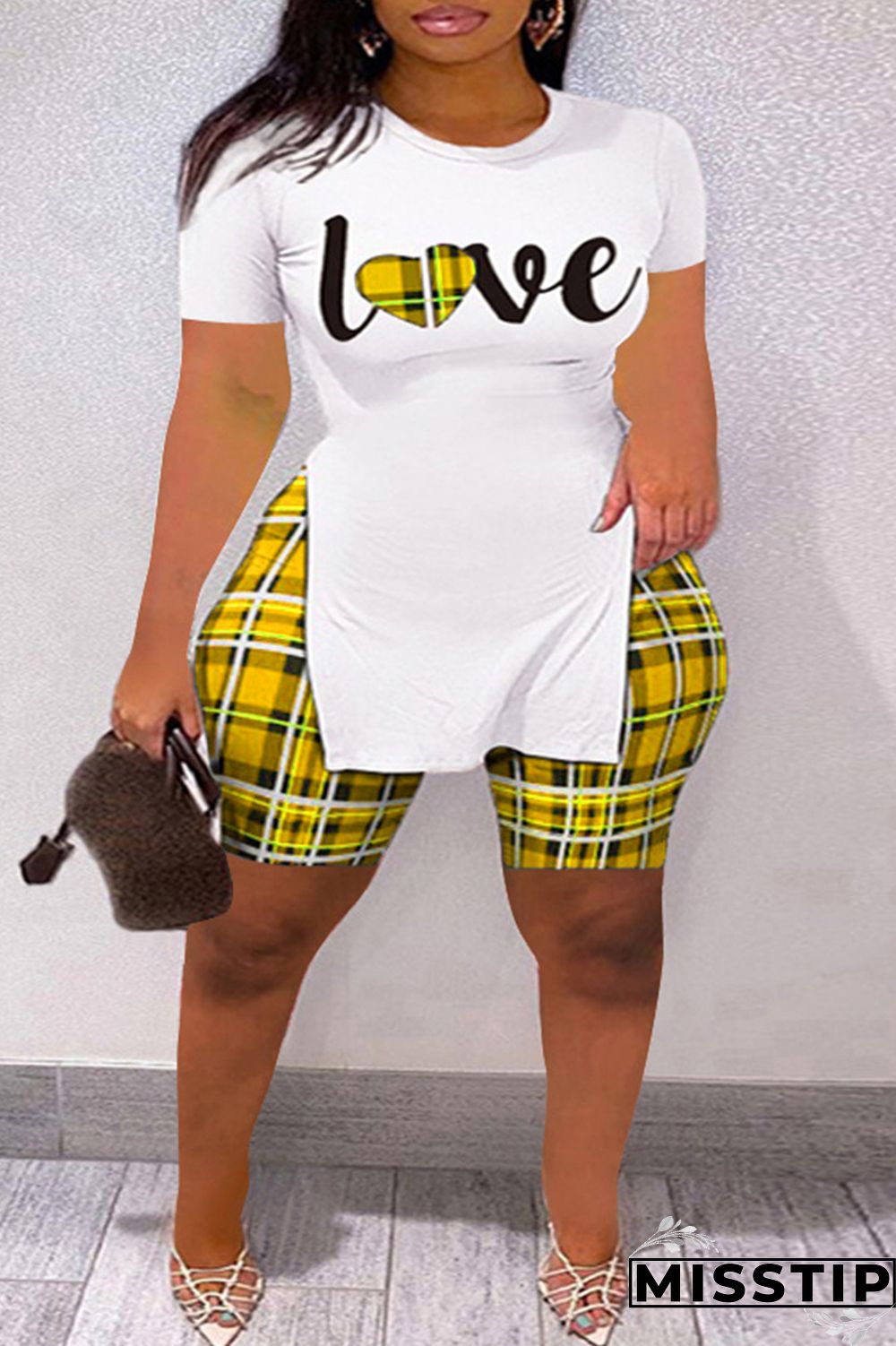 Khaki Fashion Casual Letter Print Slit O Neck Plus Size Two Pieces