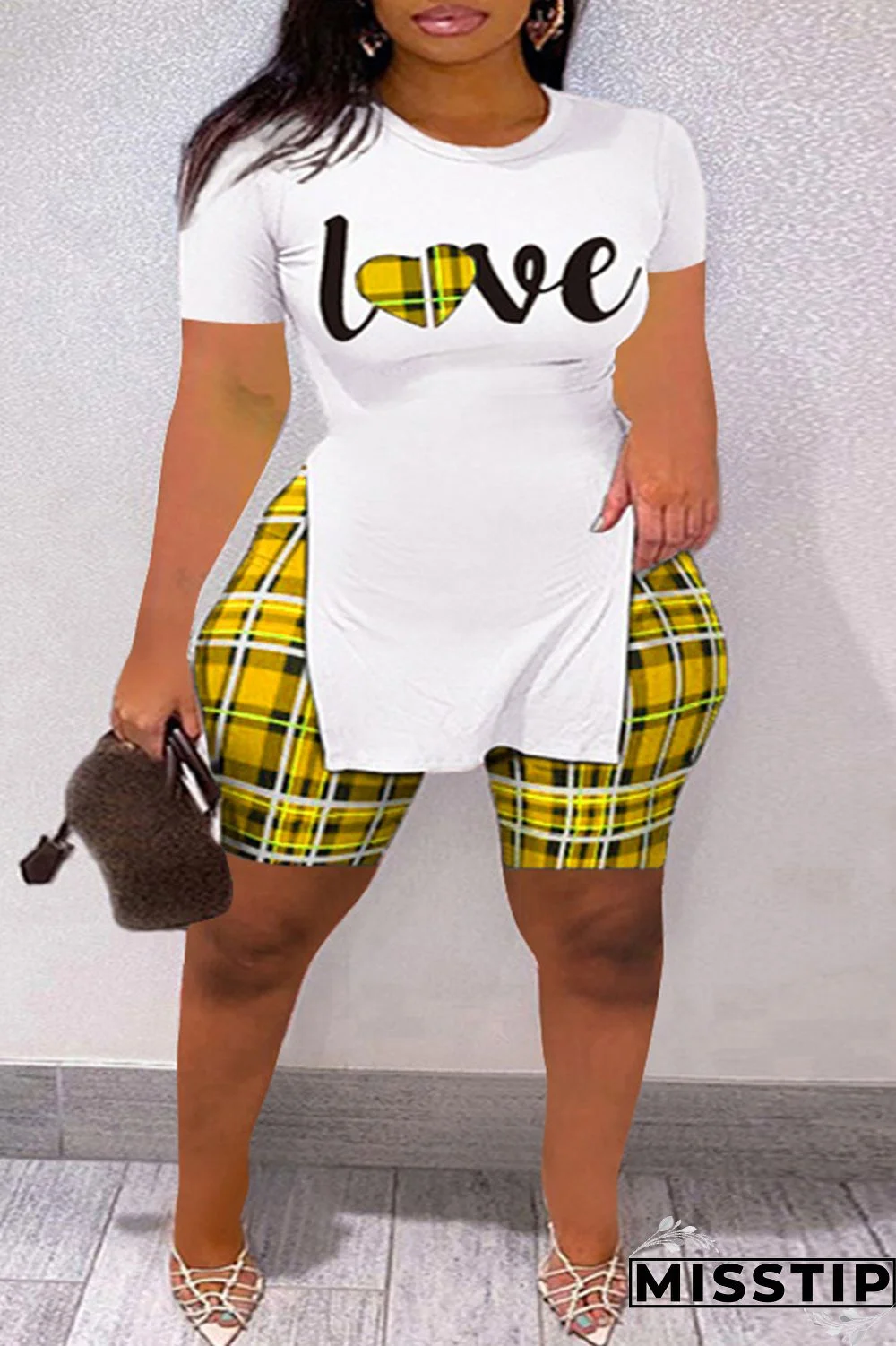 Khaki Fashion Casual Letter Print Slit O Neck Plus Size Two Pieces