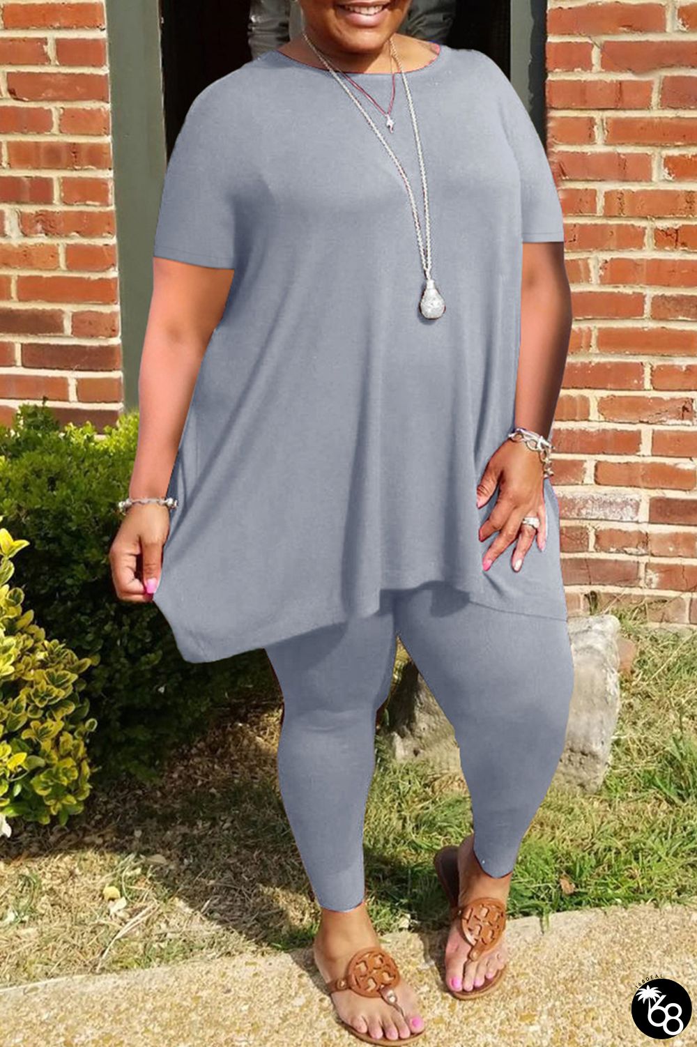Grey Casual Solid Basic O Neck Plus Size Two Pieces | 168DEAL