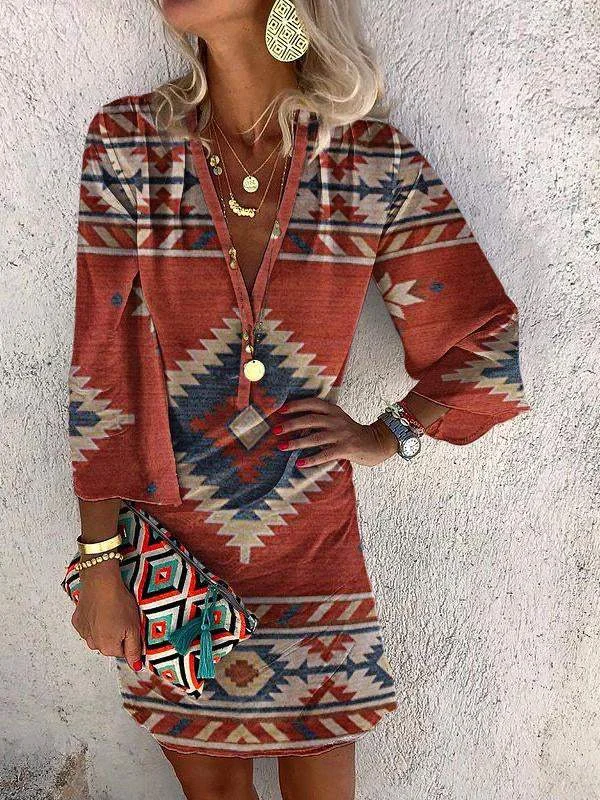 Ethnic geometric print V-neck casual dress