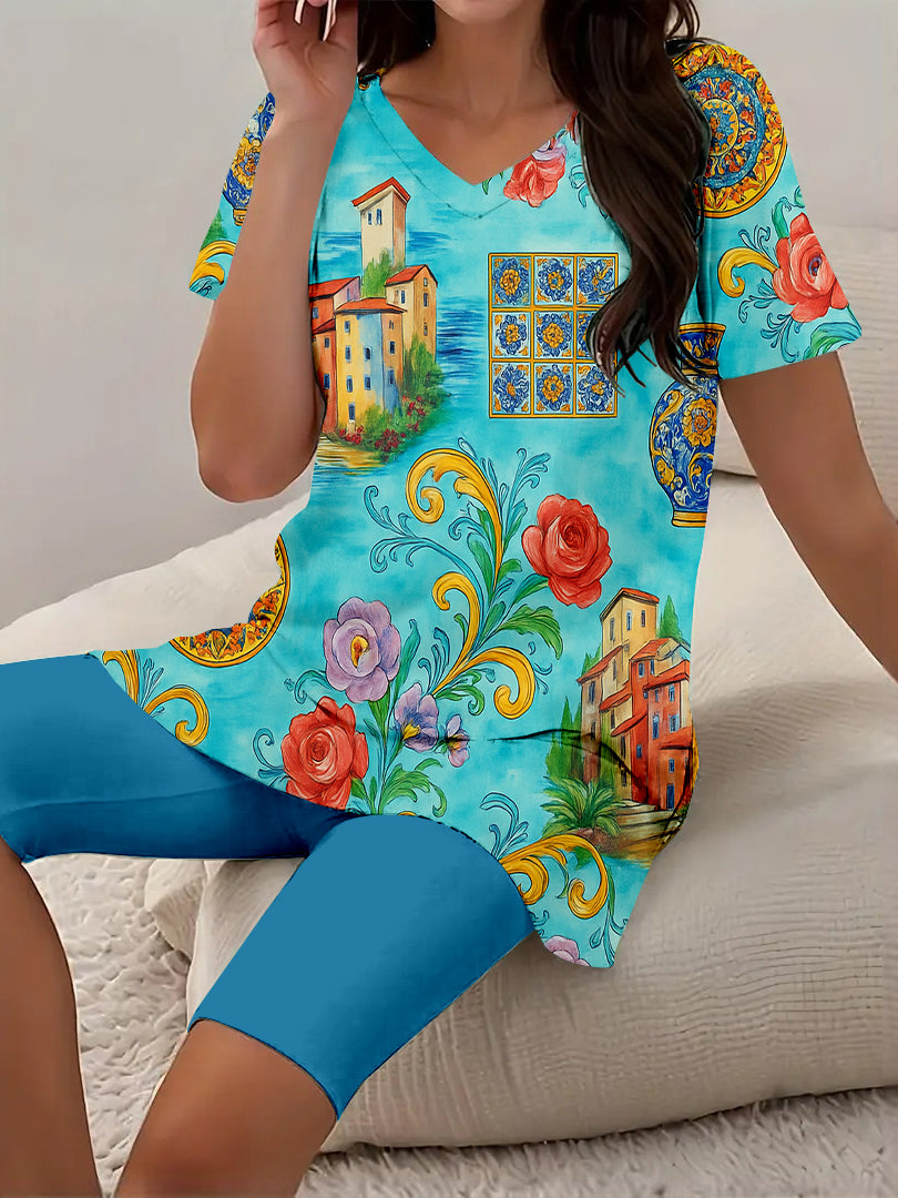 Women Long Sleeve V-neck Graphic Floral Printed Top