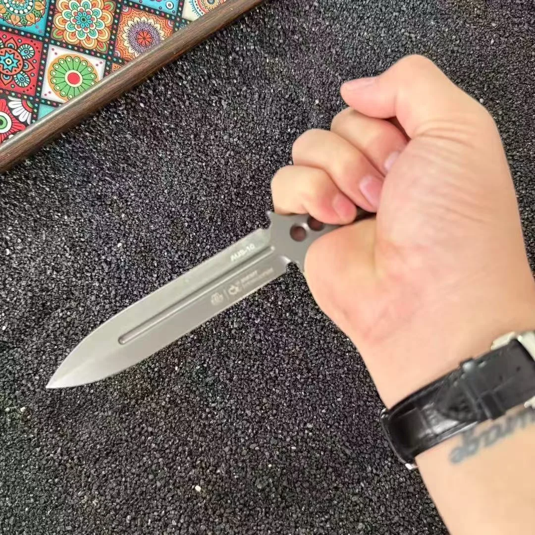 Eight-hole small sword, one-piece Aus-10 steel, portable small straight knife for outdoor camping, self-defense, and wilderness survival.