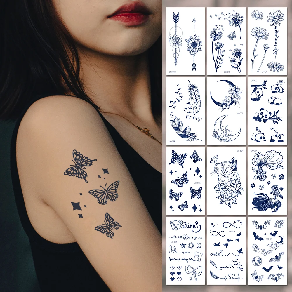 Sdrawing Stickers Semi-permanent Juice Lasting Tattoo Blue Butterfly Fake Waterproof Tattoos Temporary Women Arm Chest Body Art