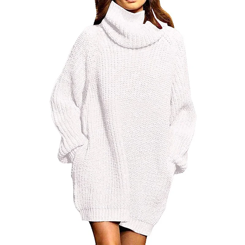 Mongw Mongw And Winter New Fashion Long Sleeve High Collar Pocket Long Dress Loose Sweater Woman