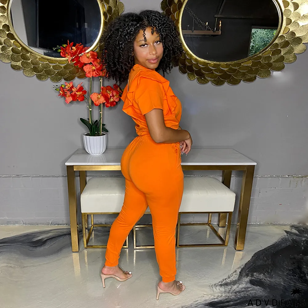 Casual Ruffled Top And Pants Two Piece Sets