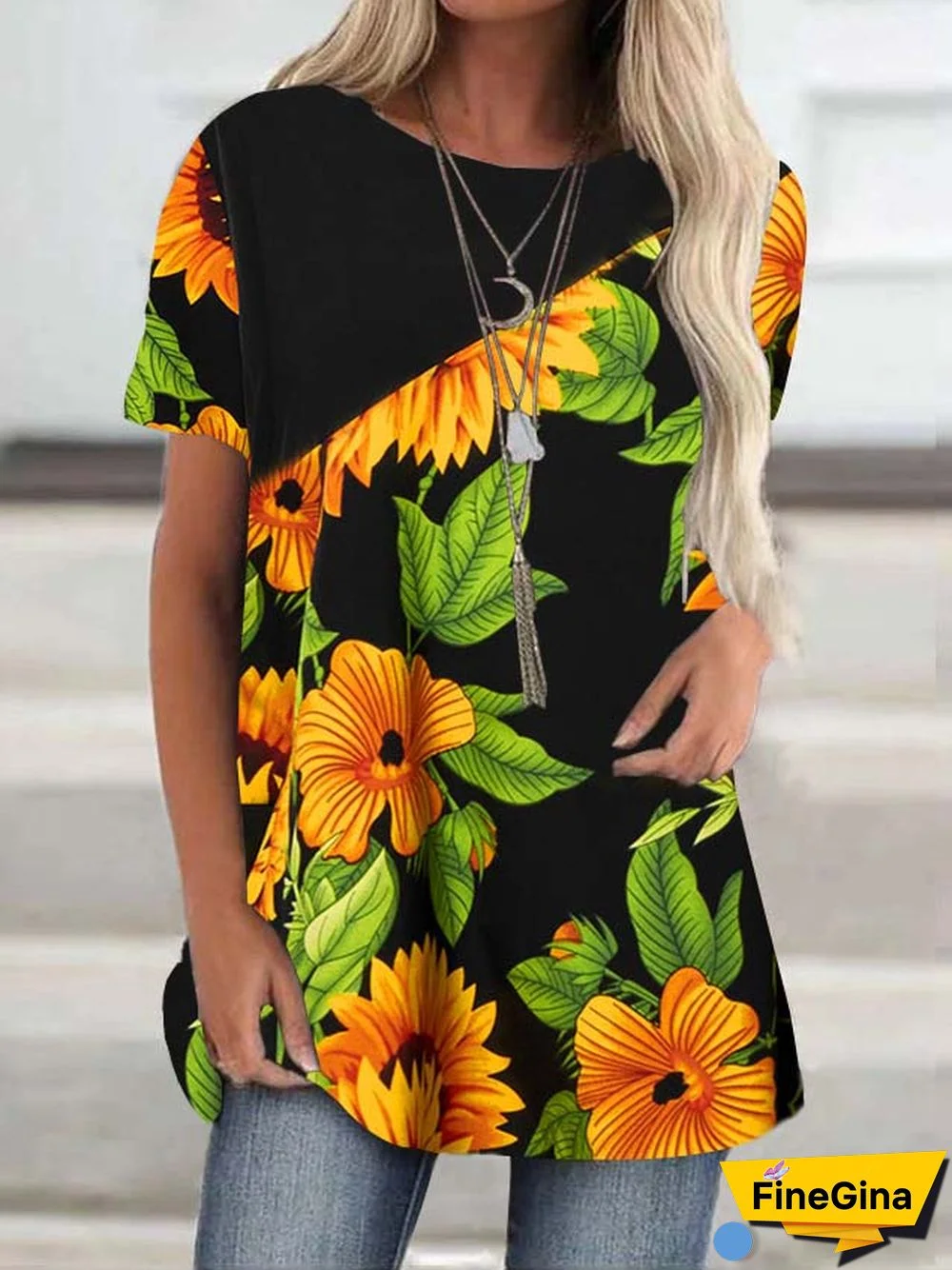 Women Short Sleeve Scoop Neck Floral Printed Stitching Top