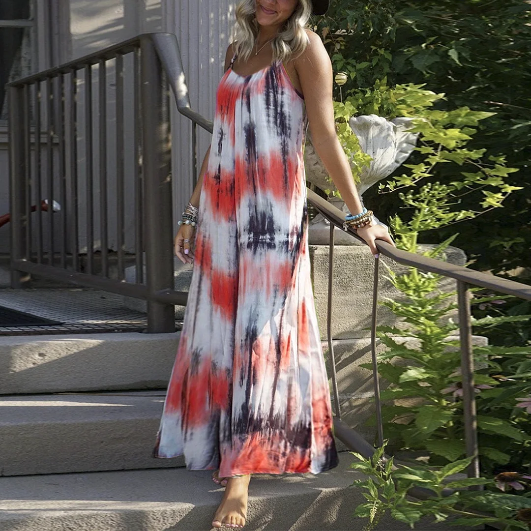 Brownm Quality Loose Tie-dye Print Long Dresses
