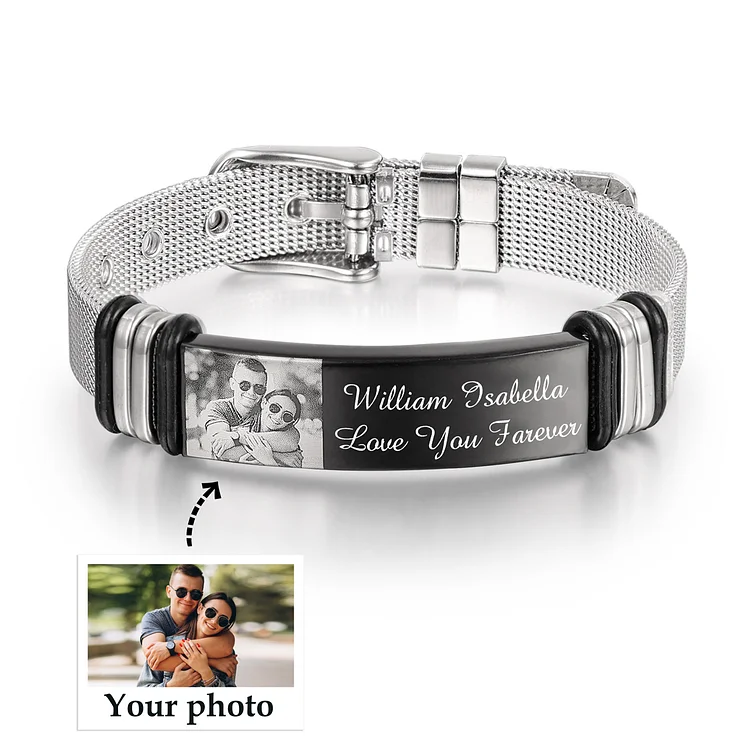 Personalized Men's Photo Bracelet Name Bracelet, Custom Photo ID Bar Watchband Bangle Gifts For Men