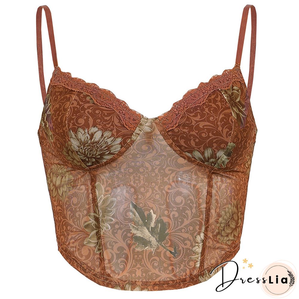 Floral Graphic Print Asymmetric Mesh Crop Cami Top