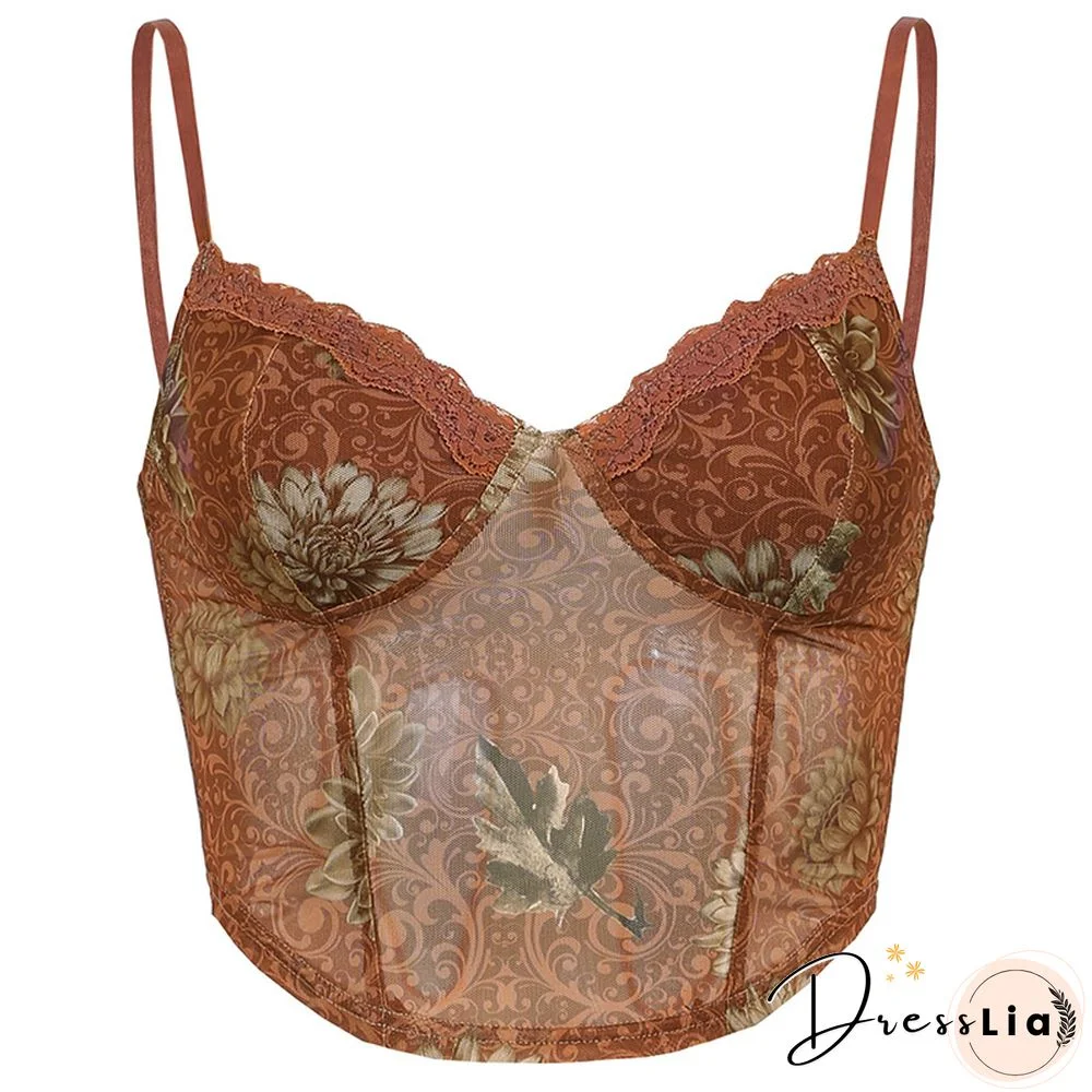 Floral Graphic Print Asymmetric Mesh Crop Cami Top