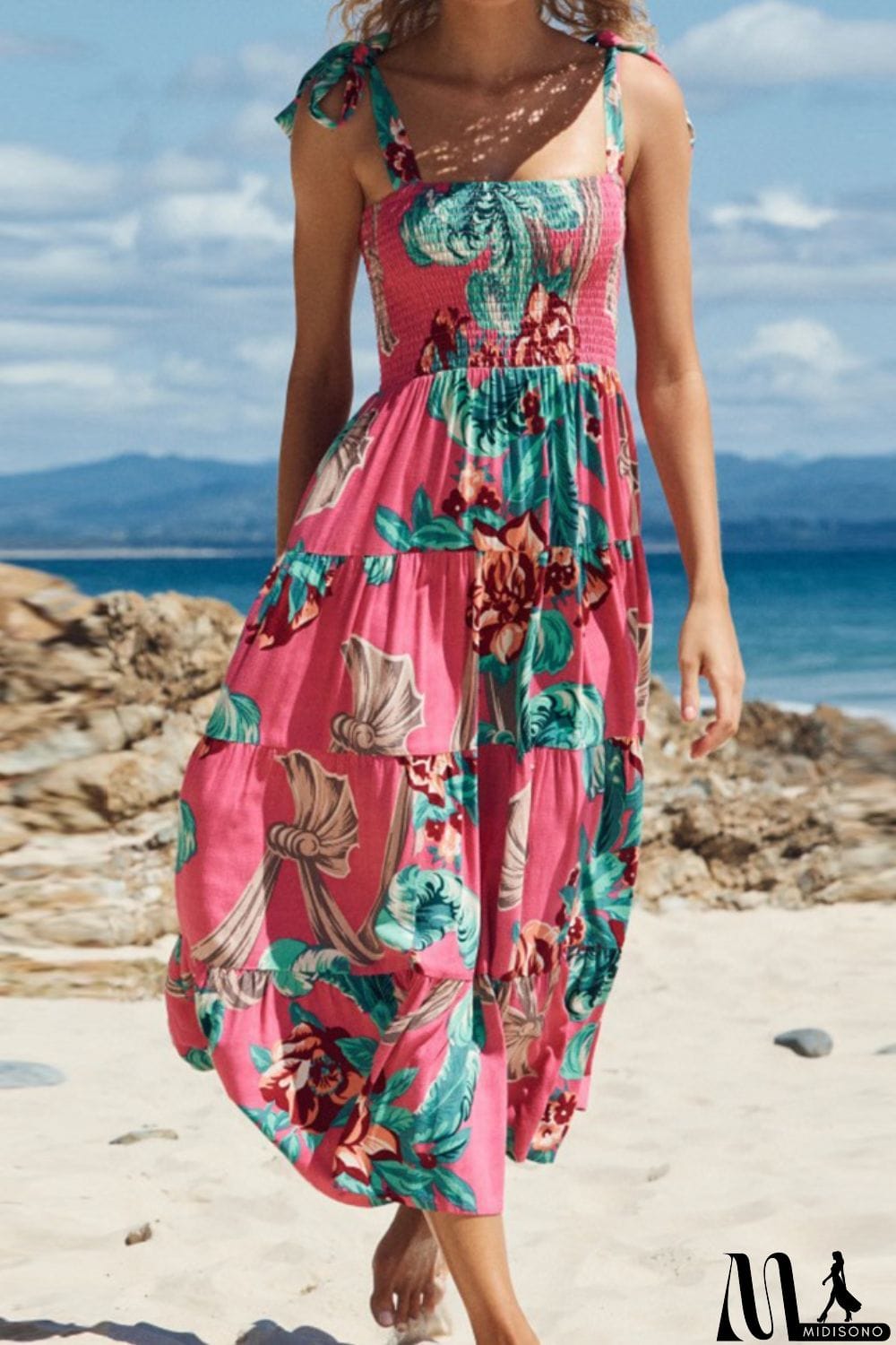 MidiSono - Floral Smocked Tie-Shoulder Tiered Dress