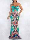 Floral Print Hollow Backless Sexy Bandeau Maxi Dress