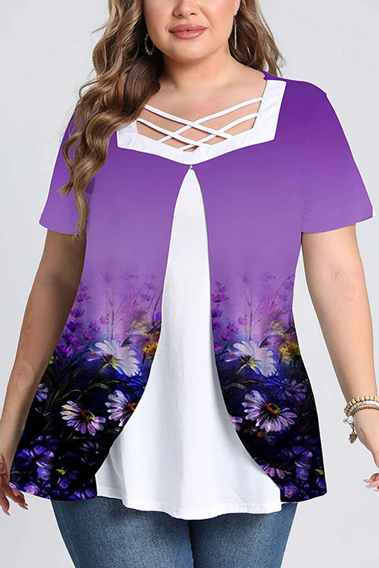 Plus Size Ombre Floral Print Cross Strap Short Sleeve Blouses  Flycurvy [product_label]