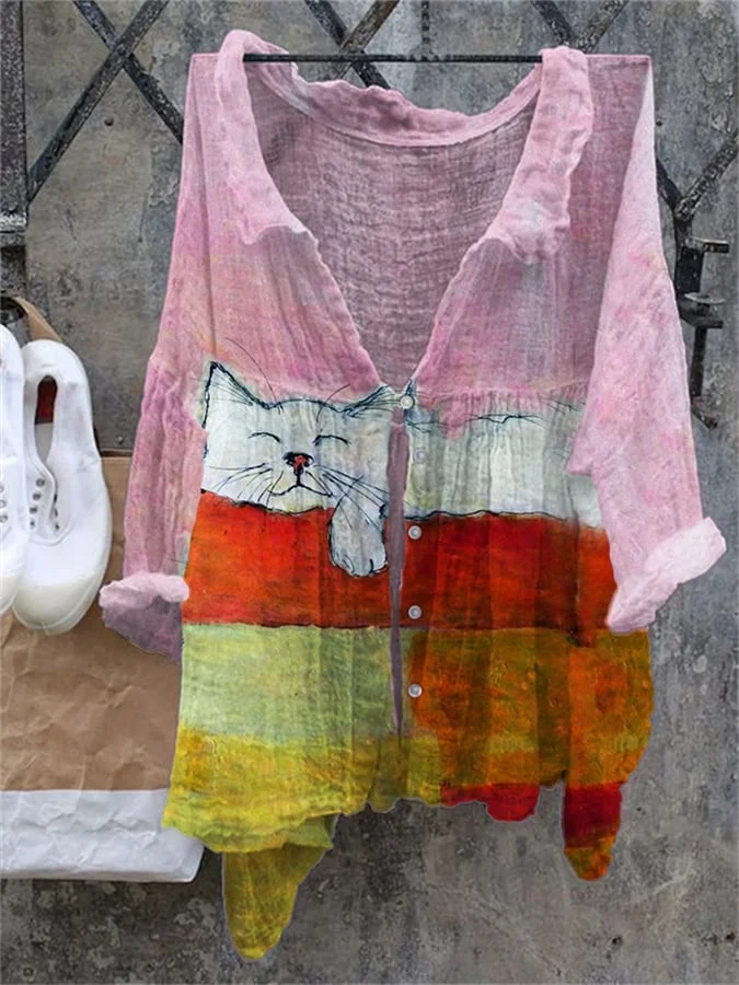 Women's Sleeping Cat Color Block Print Cotton And Linen Shirt